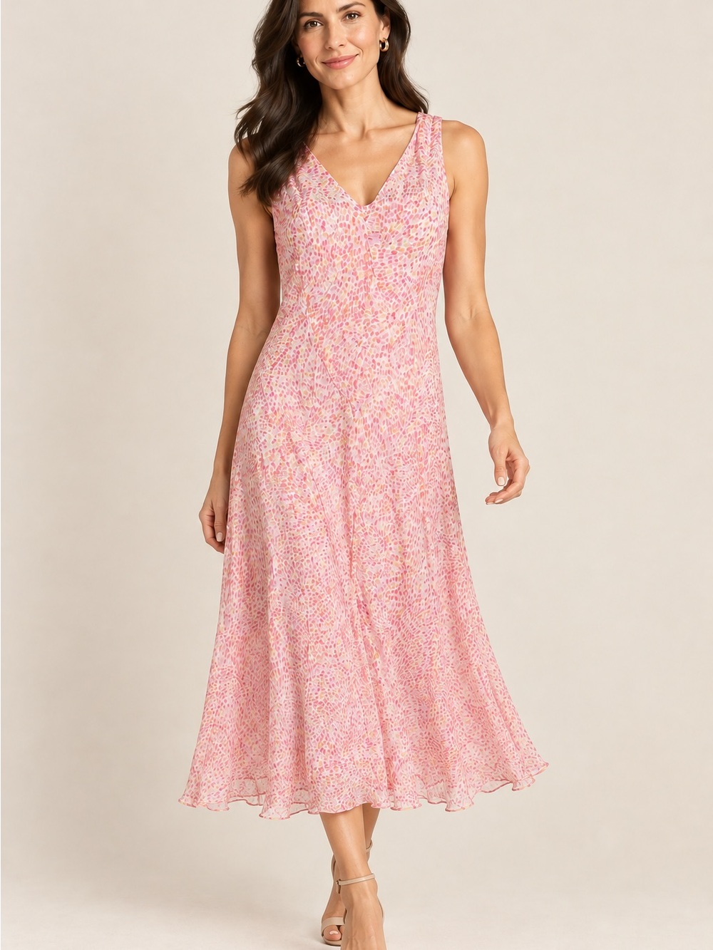 Talbots Silk Chiffon Pastel Confetti Print Midi Dress Cowl Neck Bias Cut Slip 12